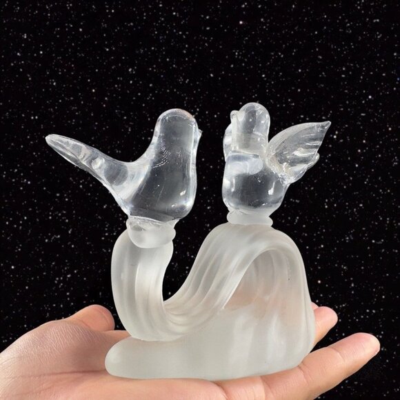 Vintage Art Glass Clear Love Bird Sculpture Figurine A Frosted Tree Branch Glass - Picture 7 of 11